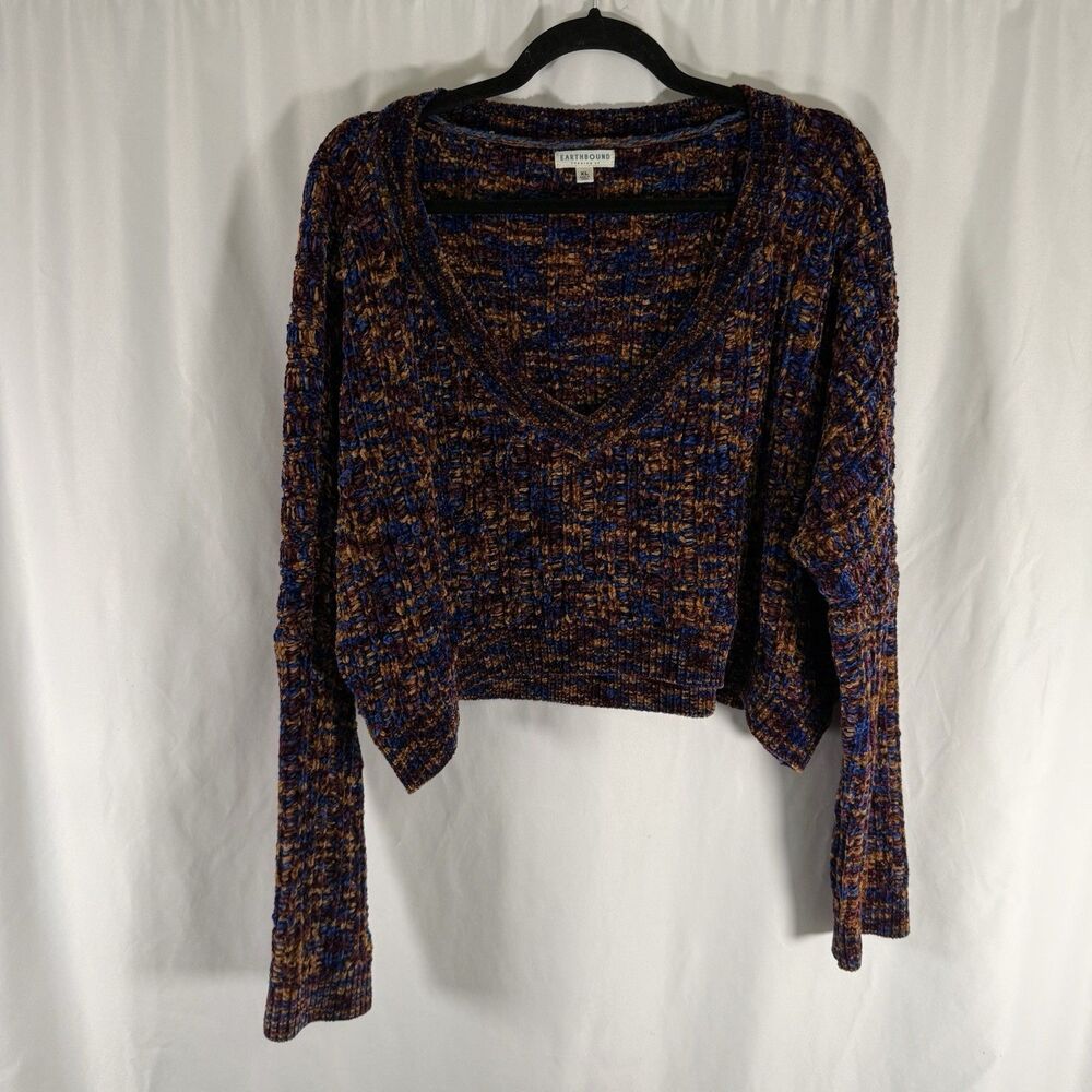Earthbound Sweater Women's XL Brown Purple Knit Cropped Vneck Pullover